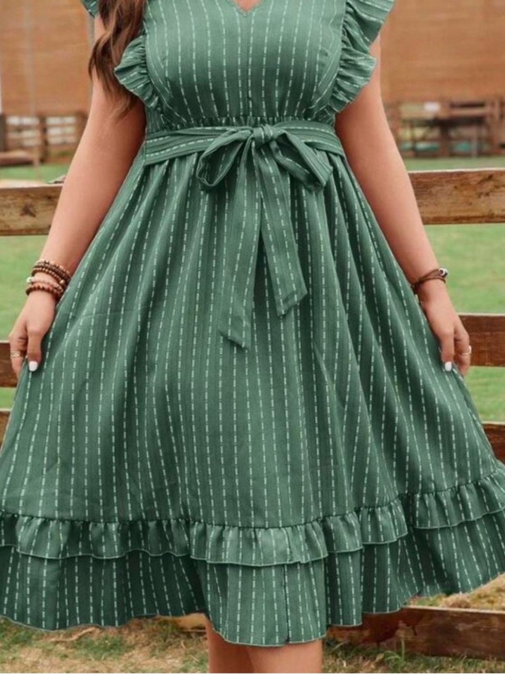 SHEIN Green Striped Tie-Waist Ruffle Midi Dress